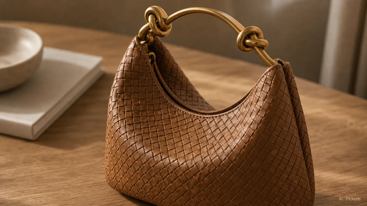 Close-up of a Bottega Veneta-style curved top-handle bag with fine intrecciato-style paper-calf weave and a knotted muted-gold handle on a matte oak desk (AI generated illustration)
