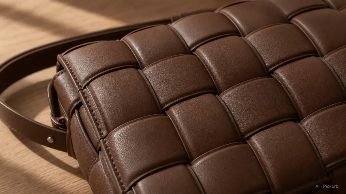 Close-up of a Bottega Veneta-style structured shoulder bag with chunky padded intrecciato-style brown leather strips on a matte oak desk in warm daylight (AI generated illustration)