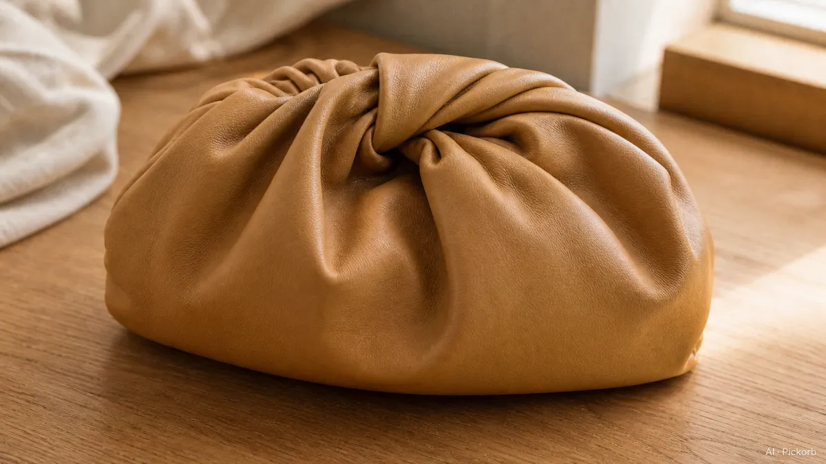 Close-up of a Bottega Veneta-style soft butter leather pillow clutch with a twisted gathered top and dumpling silhouette on a matte oak desk (AI generated illustration)