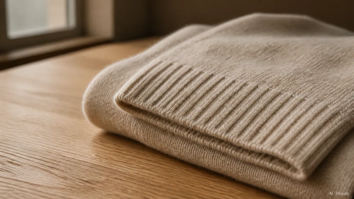 Close-up of folded oat-colored cashmere knit texture with a ribbed cuff on a matte oak desk in warm natural daylight (AI generated illustration)