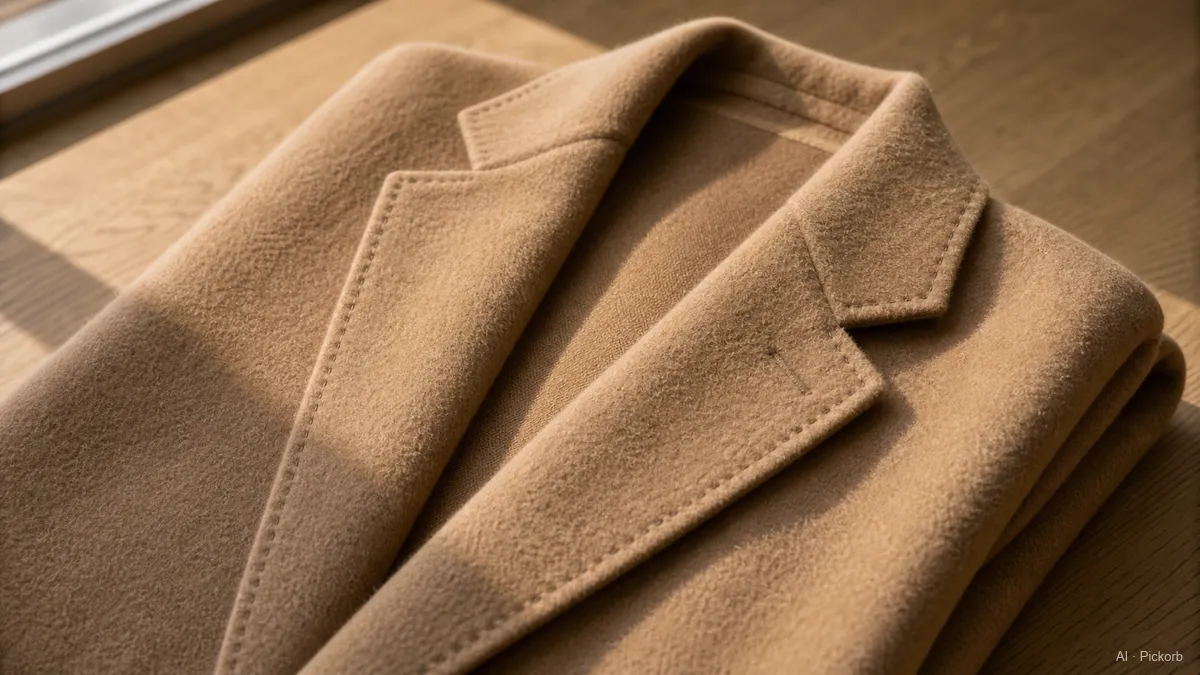 Close-up of a folded camel double-faced wool overcoat with a notched lapel and tonal stitching on matte oak in warm daylight (AI generated illustration)