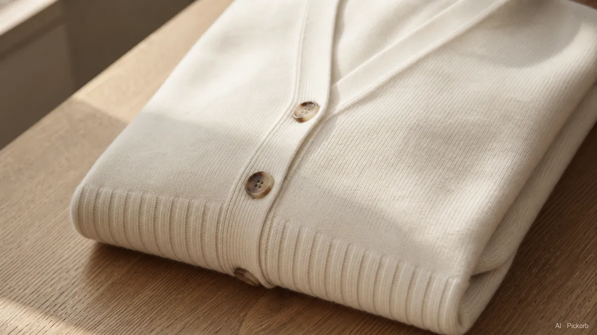 Close-up of a folded cream cashmere cardigan with horn-tone buttons and a ribbed hem on matte oak in soft natural daylight (AI generated illustration)