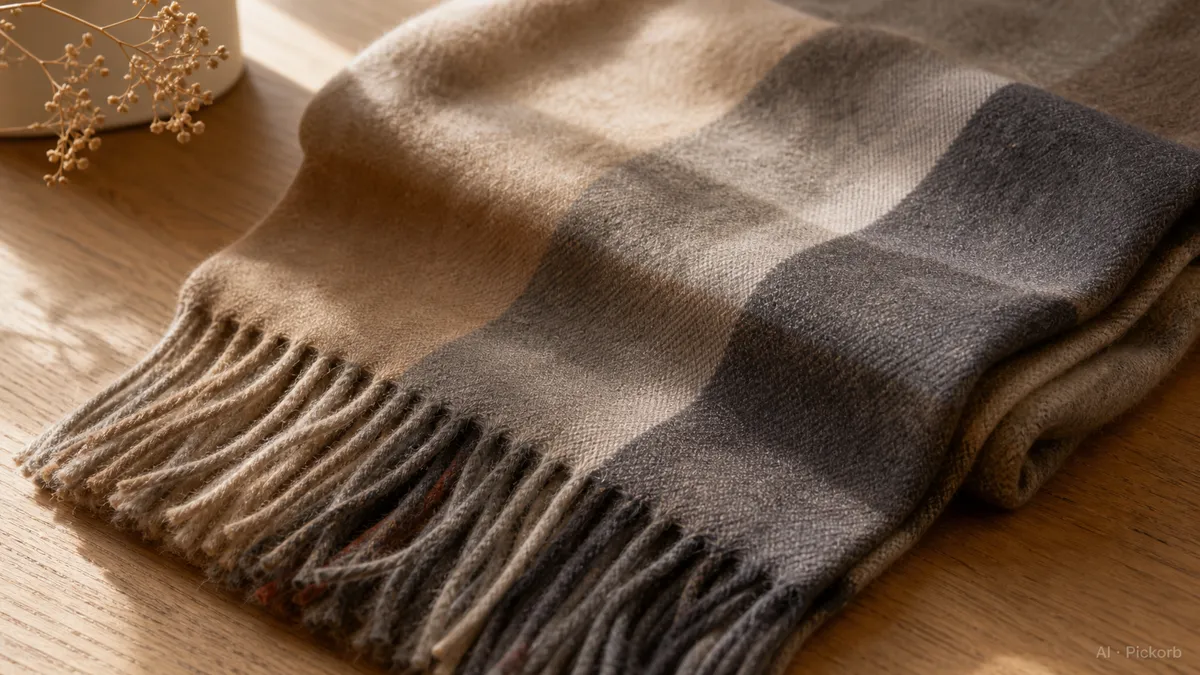 Close-up of a soft cashmere scarf fringe with a muted earth-tone check pattern on a matte oak desk in warm natural daylight (AI generated illustration)