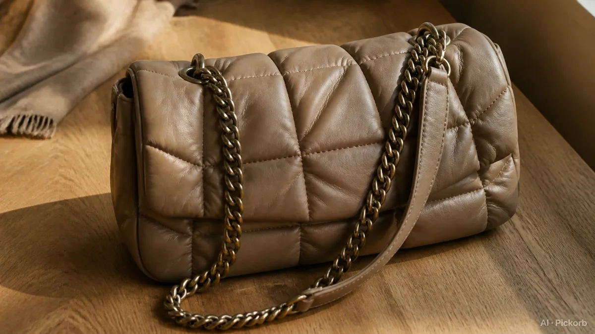 Close-up of a soft quilted leather shoulder bag with a metal chain strap and looped handle on a matte oak desk in warm natural light (AI generated illustration)