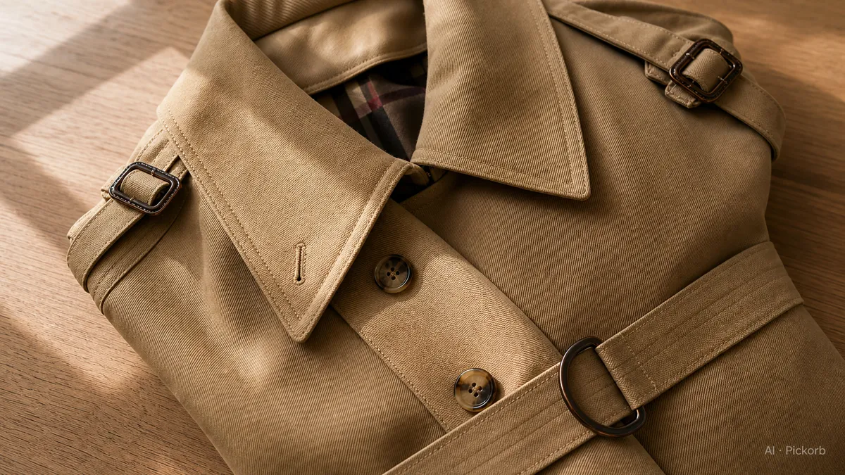 Close-up of a honey gabardine trench coat with collar, epaulette buckle, horn-style buttons, and D-ring belt detail on matte oak in warm natural light (AI generated illustration)