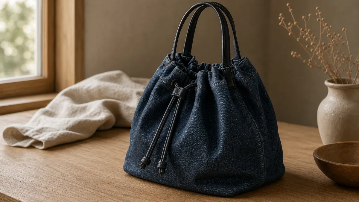 Close-up of a logo-free soft indigo drawstring tote with a cinched opening, short handles, and rounded folds on a matte oak desk in warm daylight (AI generated illustration)