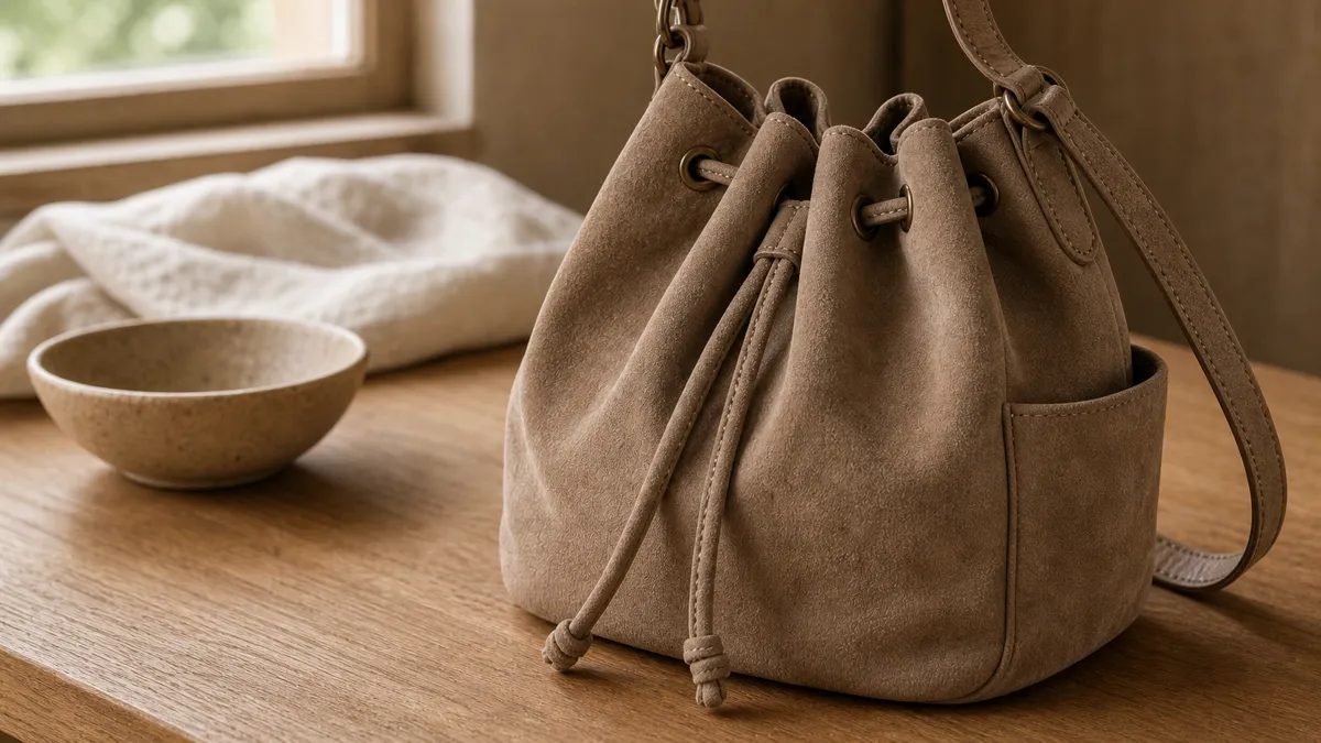 Close-up of a logo-free taupe suede drawstring bucket hobo with a side pocket, relaxed cords, and a curved shoulder strap on a matte oak desk (AI generated illustration)
