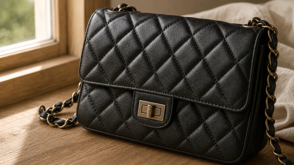 Close-up of a logo-free diamond-quilted black lambskin flap shoulder bag with a plain turn-lock detail on a matte oak desk in warm daylight (AI generated illustration)