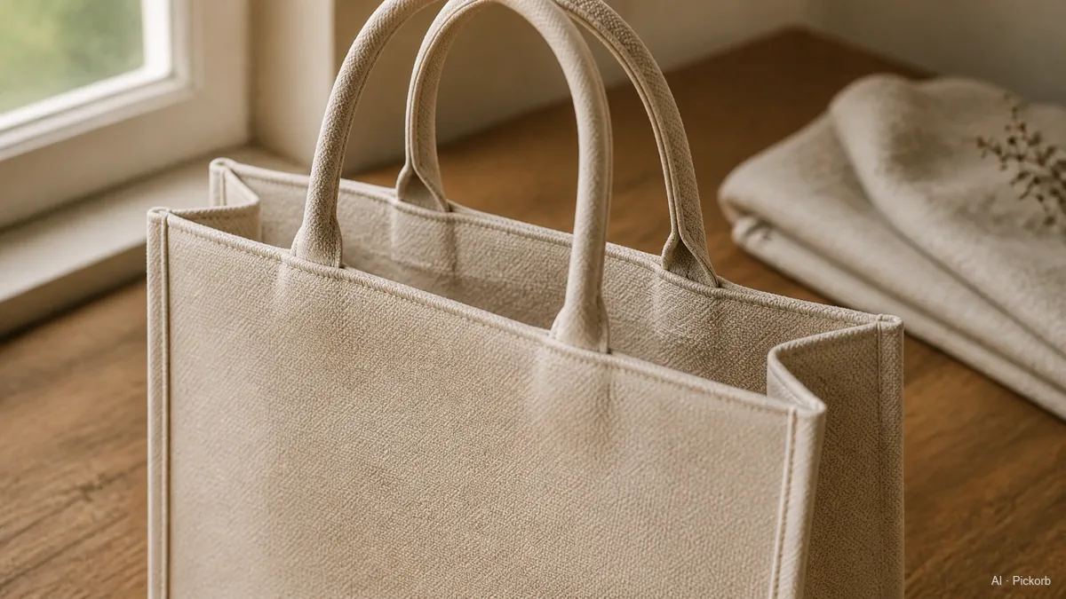 Close-up of a Dior-style rectangular plain canvas tote with parallel top handles and a softly open top on a matte oak desk in natural editorial daylight (AI generated illustration)