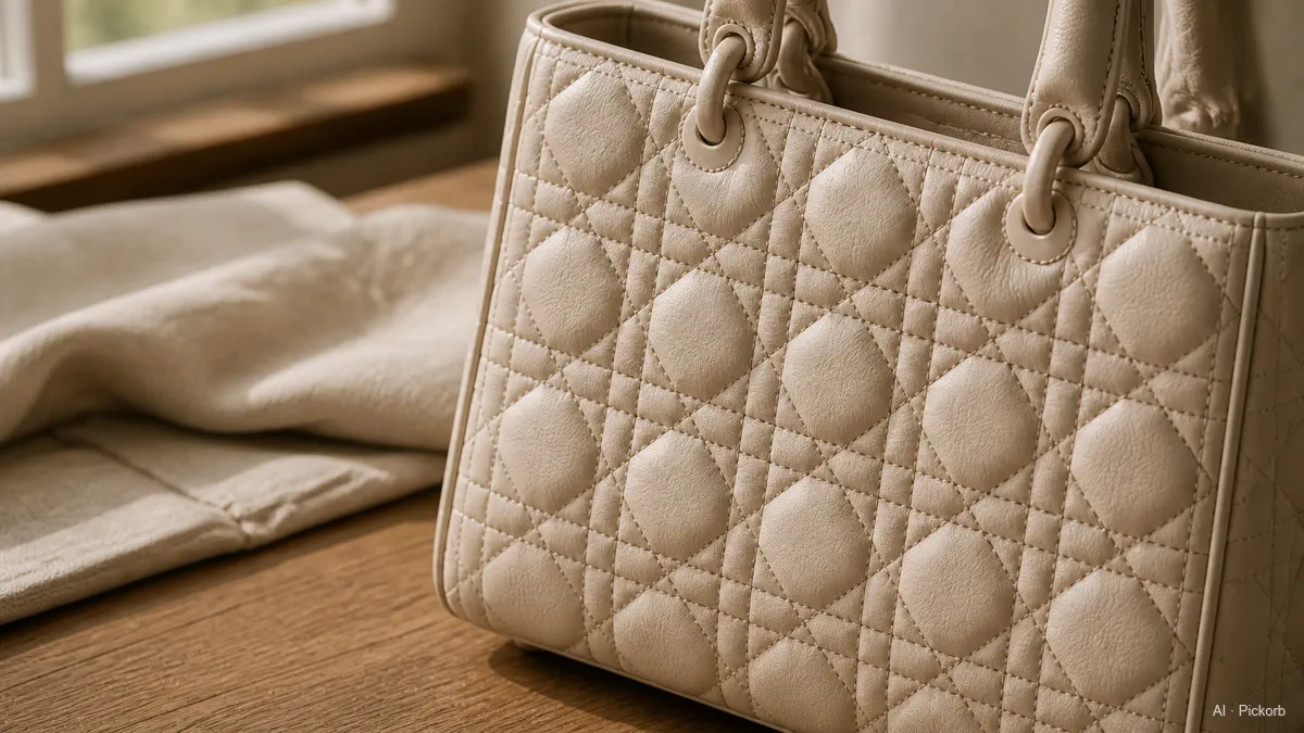 Close-up of a Dior-style structured top-handle bag with large cane-pattern quilting and rounded thin handles on a matte oak desk in warm natural daylight (AI generated illustration)