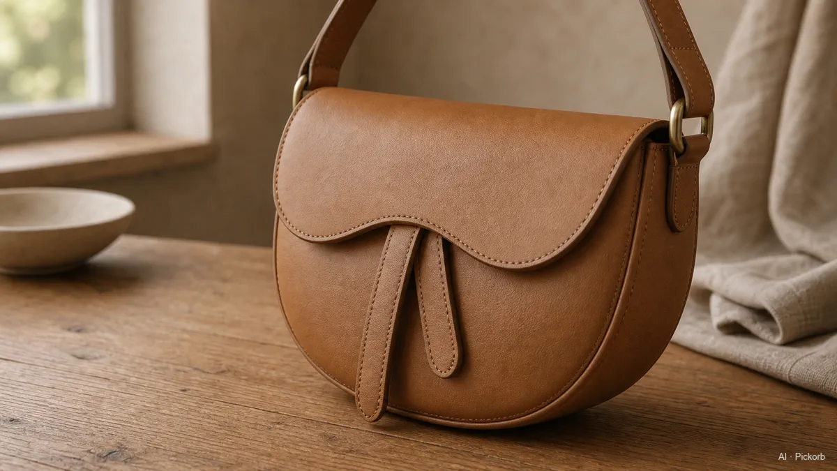 Close-up of a Dior-style tan saddle-shaped leather shoulder bag with a curved flap and strap closure on a matte oak desk in warm natural daylight (AI generated illustration)