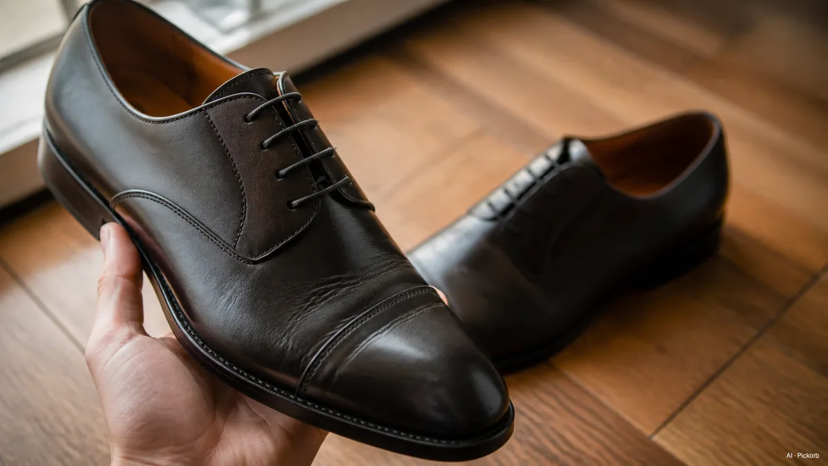 A pair of dark leather Oxford shoes in early break-in stage, one shoe held up to show slight flex lines forming across the vamp, natural morning light on a wooden floor (AI generated illustration)