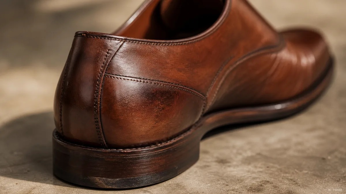Close-up of the heel area of a brown leather shoe showing early patina depth building across the vamp and slight heel cap wear visible from the rear angle (AI generated illustration)