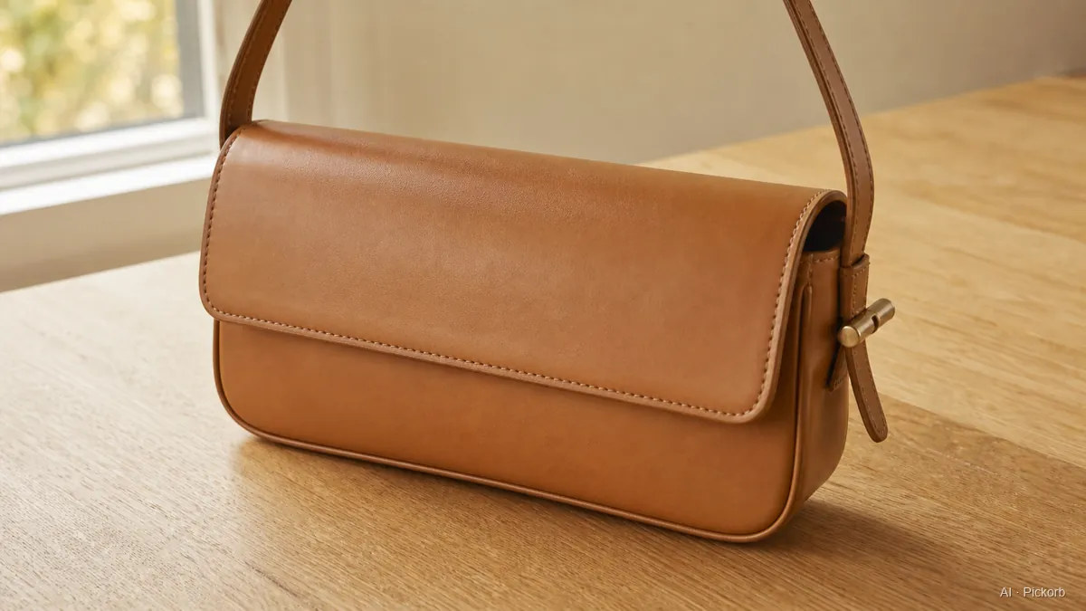Close-up of a Fendi-style small horizontal leather shoulder clutch with a thin top strap and side toggle closure on a matte oak desk in natural daylight (AI generated illustration)