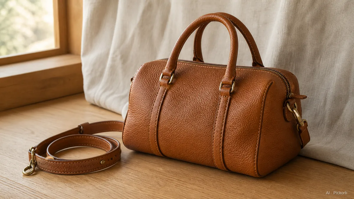 Close-up of a Fendi-style soft Boston-shape leather mini duffel with two top handles, a separate shoulder strap, pebbled grain, and hand-stitched details on a matte oak desk in natural daylight (AI generated illustration)