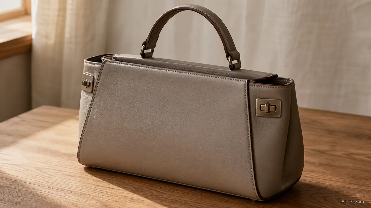 Close-up of a Fendi-style structured horizontal leather top-handle satchel with side twist-lock closures and clean panels on a matte oak desk in natural daylight (AI generated illustration)
