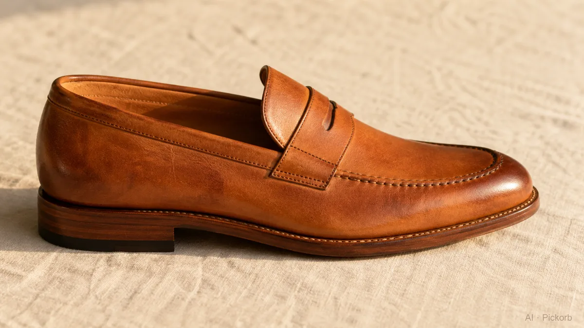A tan calf-leather loafer on a cream linen surface with late afternoon light, the toe and heel creases beginning to show early patina development (AI generated illustration)