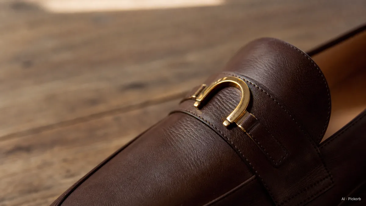 Close-up of a brown leather loafer's vamp featuring a polished gold horseshoe-shaped metal piece at the front, in soft afternoon daylight (AI generated illustration)