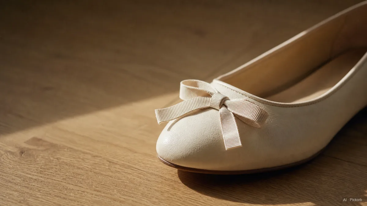 Close-up of a cream leather ballet flat with a small grosgrain bow at the toe, on a matte oak floor with afternoon light catching the front vamp (AI generated illustration)