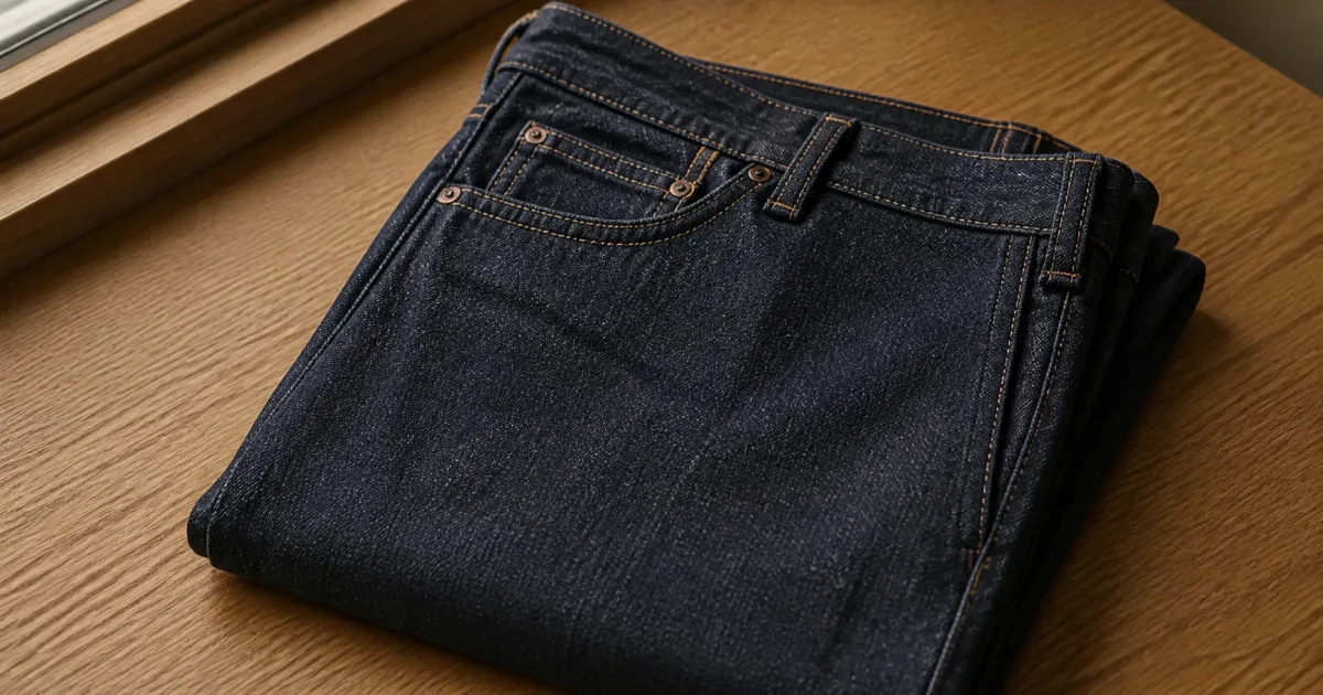 A pair of indigo blue raw selvedge jeans folded neatly on a matte oak desk in soft natural daylight, the deep indigo color uniform across the panel, faint mill marks visible (AI generated illustration)