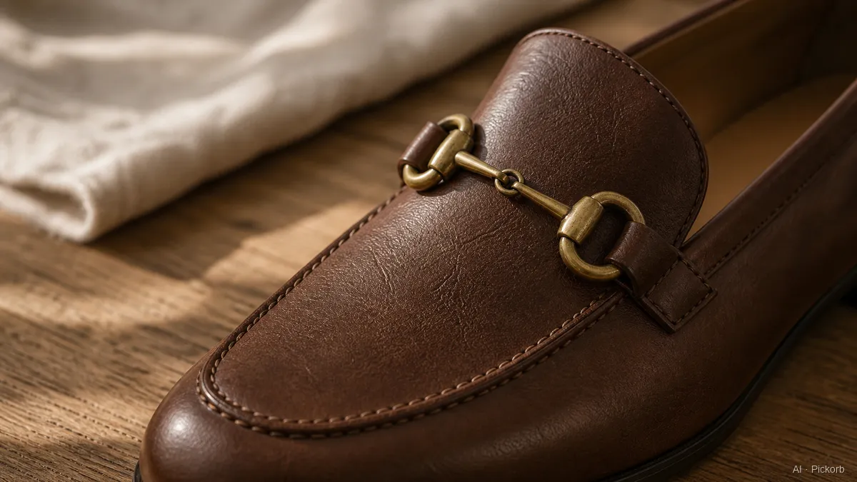 Close-up of a classic brown Gucci-style leather slip-on loafer vamp with aged brass horsebit hardware on matte oak in soft daylight (AI generated illustration)
