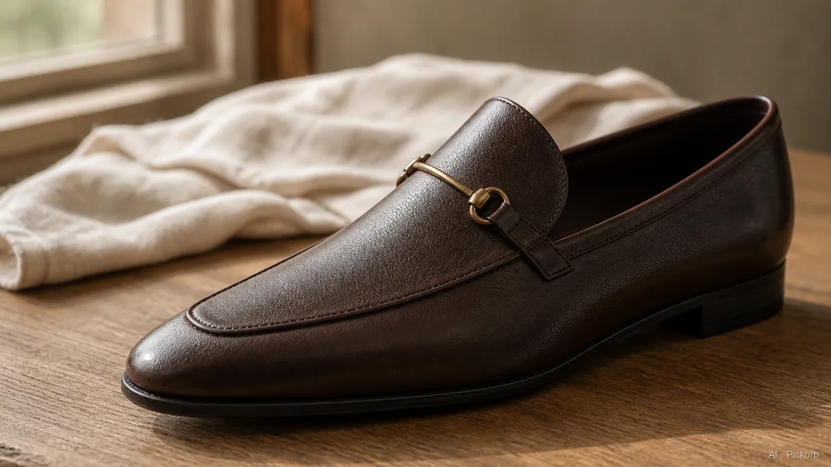Close-up of a slim modern Gucci-style leather loafer profile with thin brass horsebit hardware, resting on matte oak in warm daylight (AI generated illustration)