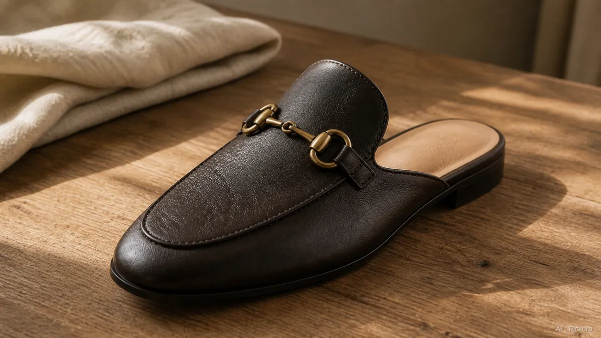 Close-up of a backless Gucci-style leather loafer mule with open heel, beige footbed, and brass horsebit hardware on matte oak (AI generated illustration)