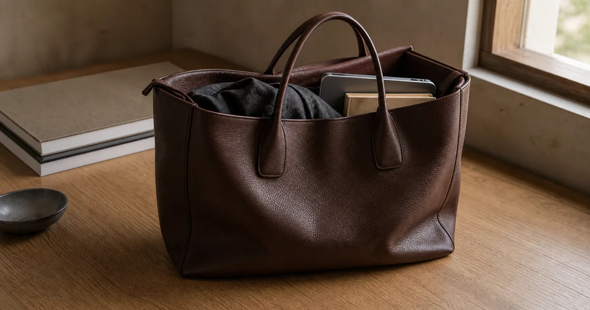 A roomy structured leather tote on a matte oak desk in soft natural daylight, with double top handles, a soft slouched profile, and a hint of contents visible through the open top — a folded jacket, a tablet, and a notebook (AI generated illustration)