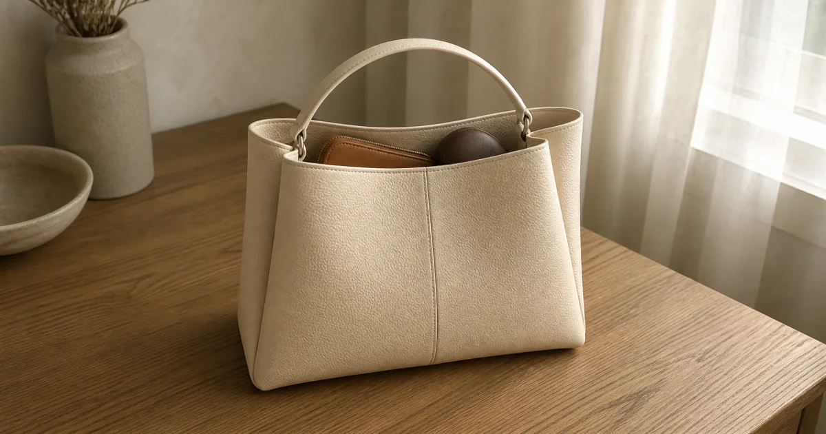 A folded medium leather tote on a matte oak desk in soft natural daylight, with a visible structured silhouette, a single top handle, and a small interior glimpse showing a wallet and sunglasses case inside (AI generated illustration)
