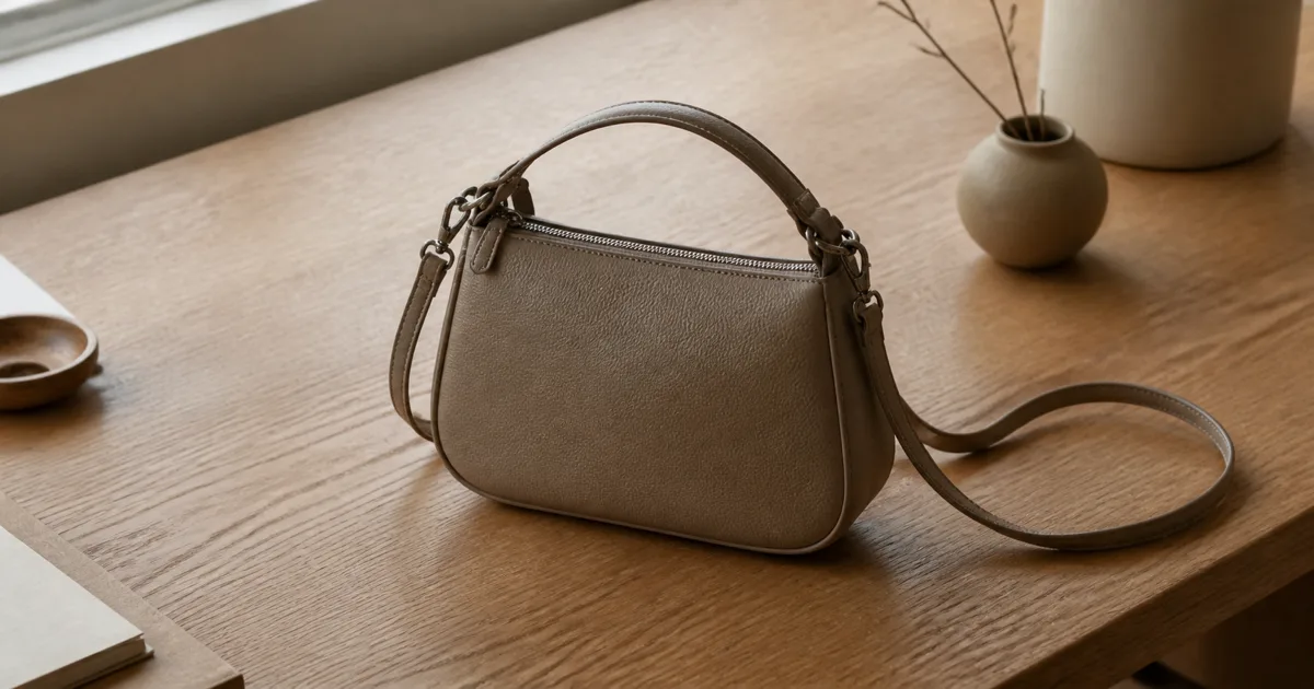 A single small leather shoulder bag with a short top handle and a thin shoulder strap, resting on a matte oak desk in soft natural daylight, photographed slightly from above (AI generated illustration)