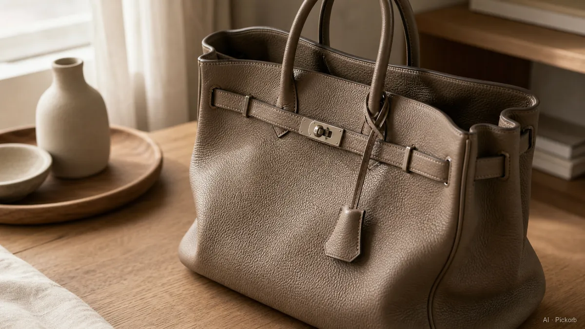 Close-up of a classic leather tote-style bag with rolled handles and a front turn-lock on a matte oak desk in warm natural daylight (AI generated illustration)