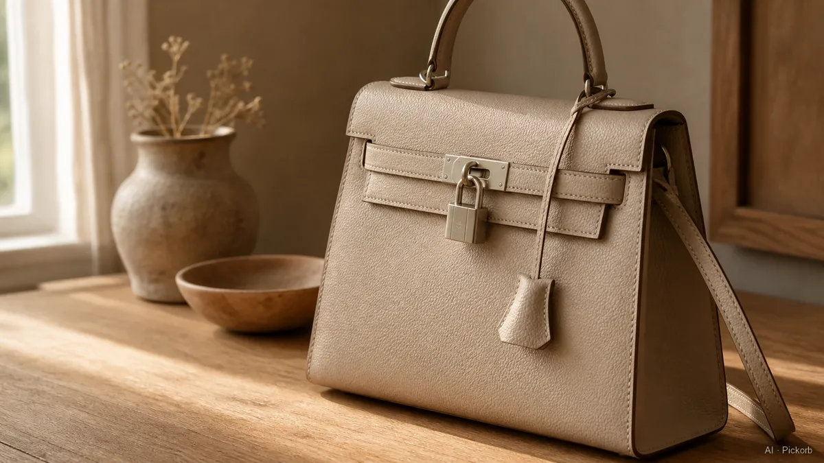 Close-up of a structured leather top-handle bag with a padlock and key fob on a matte oak desk in warm natural daylight (AI generated illustration)