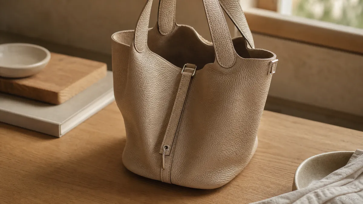 Close-up of a soft bucket-shaped leather bag with two top handles and silver-toned hardware on a matte oak desk in warm natural daylight (AI generated illustration)