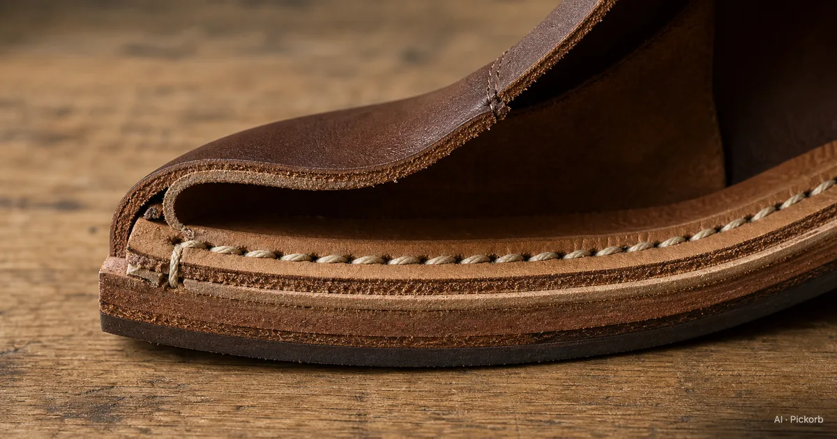 A close-up of a Goodyear-welted shoe cross-section showing the welt strip, the visible welt stitching along the perimeter, and the leather sole layered against the leather upper (AI generated illustration)