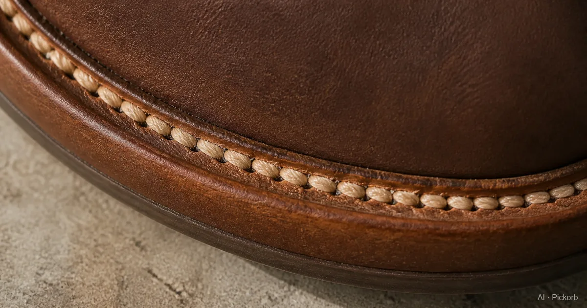 A close-up of the welt stitching along the perimeter of a leather shoe, showing tightly packed stitches running parallel to the edge of the sole (AI generated illustration)
