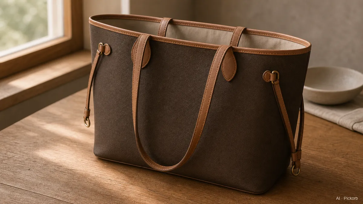 Close-up of a Louis Vuitton-inspired rectangular open brown canvas tote with tan leather trim, side cinch straps, and a light interior on oak (AI generated illustration)