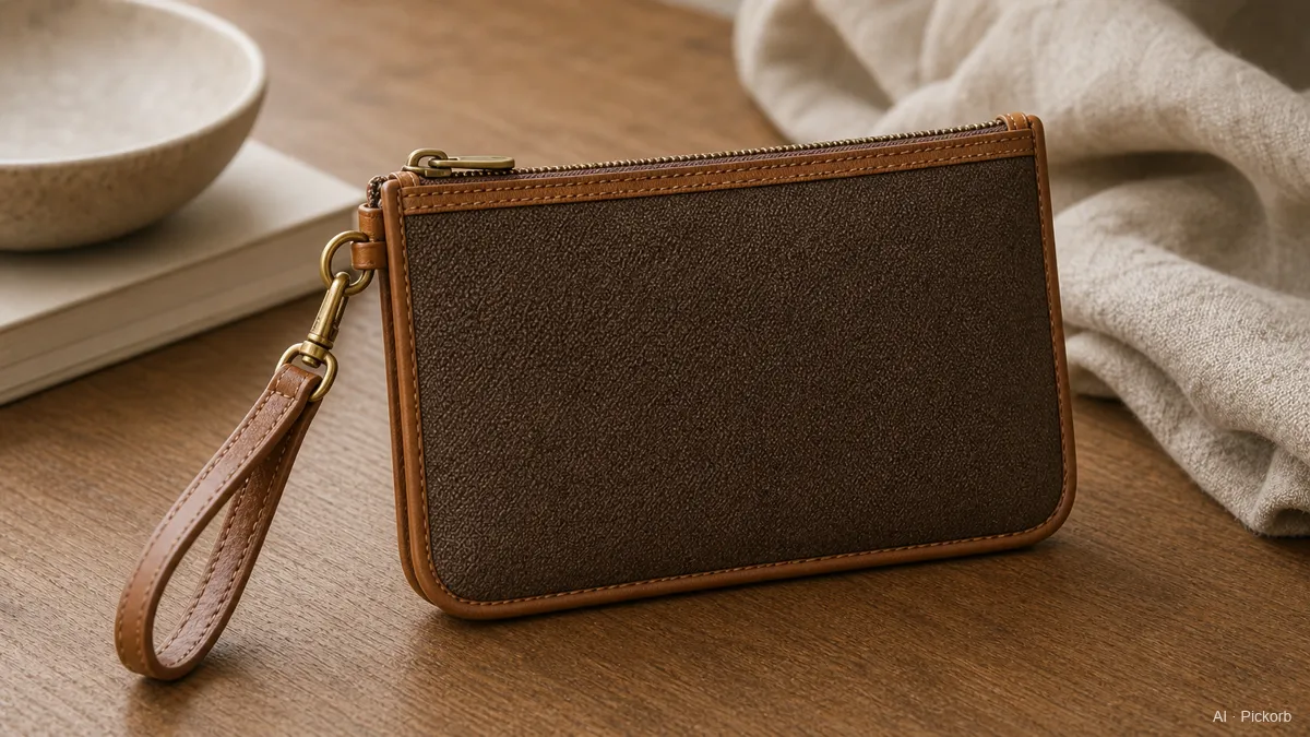 Close-up of a Louis Vuitton-inspired small flat brown canvas zippered pouch with tan leather trim and a short wrist strap on a matte oak desk (AI generated illustration)