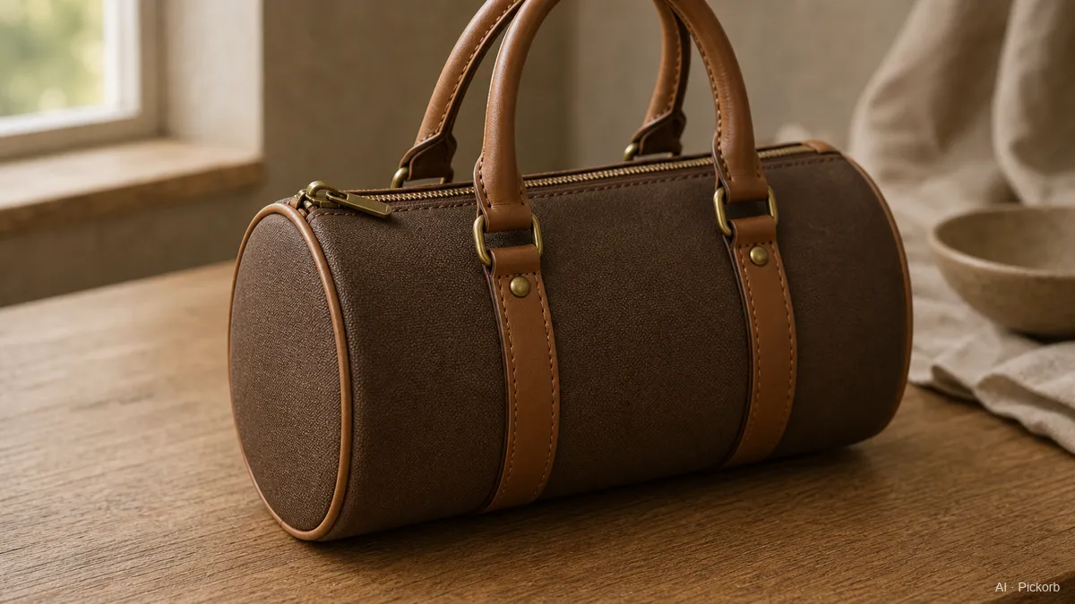 Close-up of a Louis Vuitton-inspired small barrel-shaped brown canvas handbag with tan leather trim and double handles on a matte oak desk (AI generated illustration)
