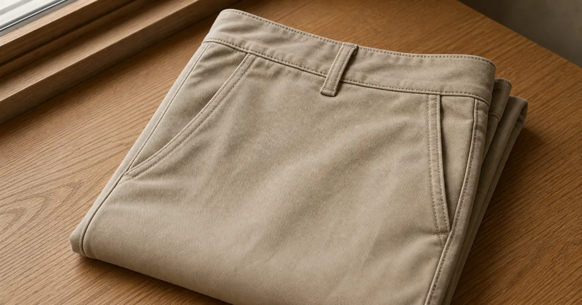 A pair of folded stone chino trousers on a matte oak desk in soft natural daylight, close-up of the cotton twill weave and the front pocket detail (AI generated illustration)