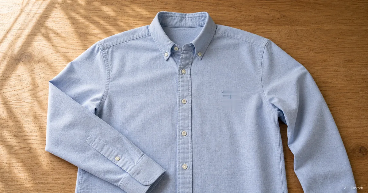 A pressed light blue Oxford button-down shirt laid flat on a matte oak desk in soft natural daylight, small embroidered Pony at the left chest, single button cuff (AI generated illustration)