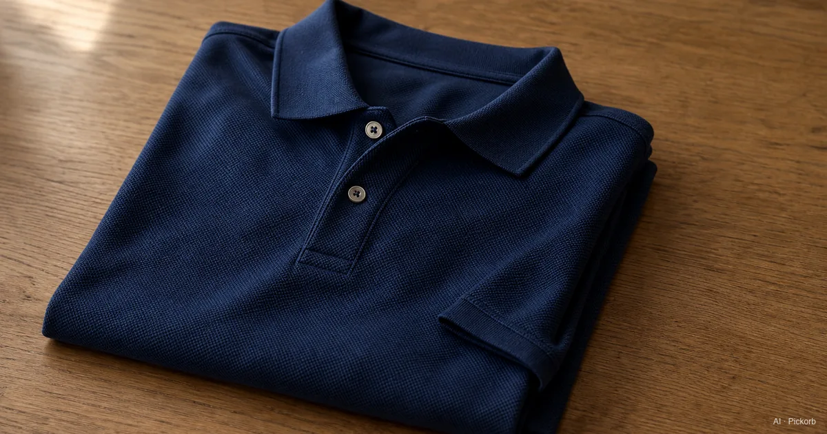 A folded cotton mesh polo shirt in navy on a matte oak desk in soft natural daylight, close-up showing the piqué knit texture and the small embroidered Pony at the chest (AI generated illustration)