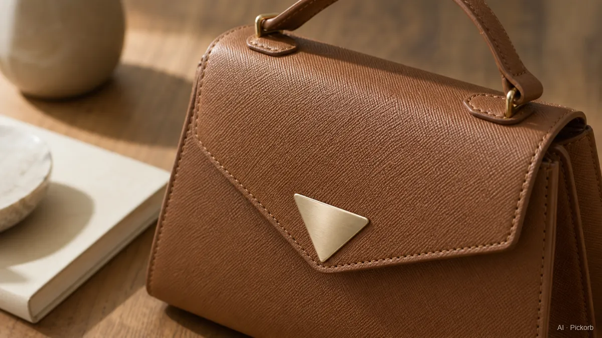 Close-up of a Prada-style structured top-handle bag with cross-hatch leather texture and a blank triangular metal plate on a matte oak desk (AI generated illustration)