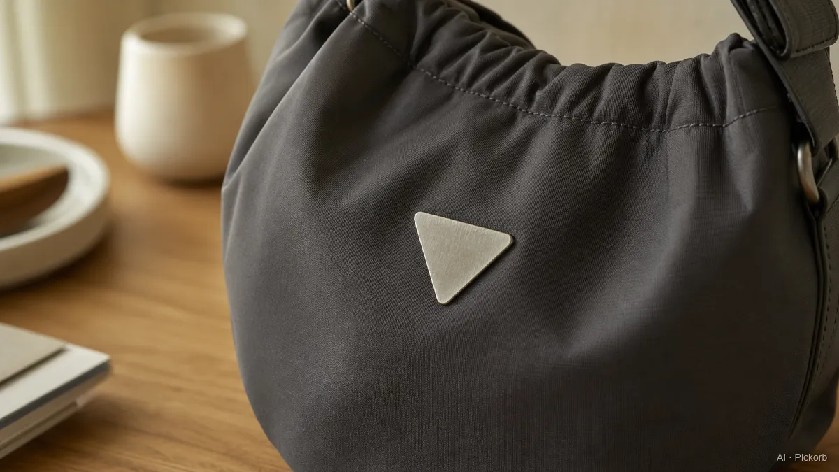 Close-up of a Prada-style soft bucket bag in matte nylon fabric with gentle folds and a blank triangular metal plate on an oak desk (AI generated illustration)