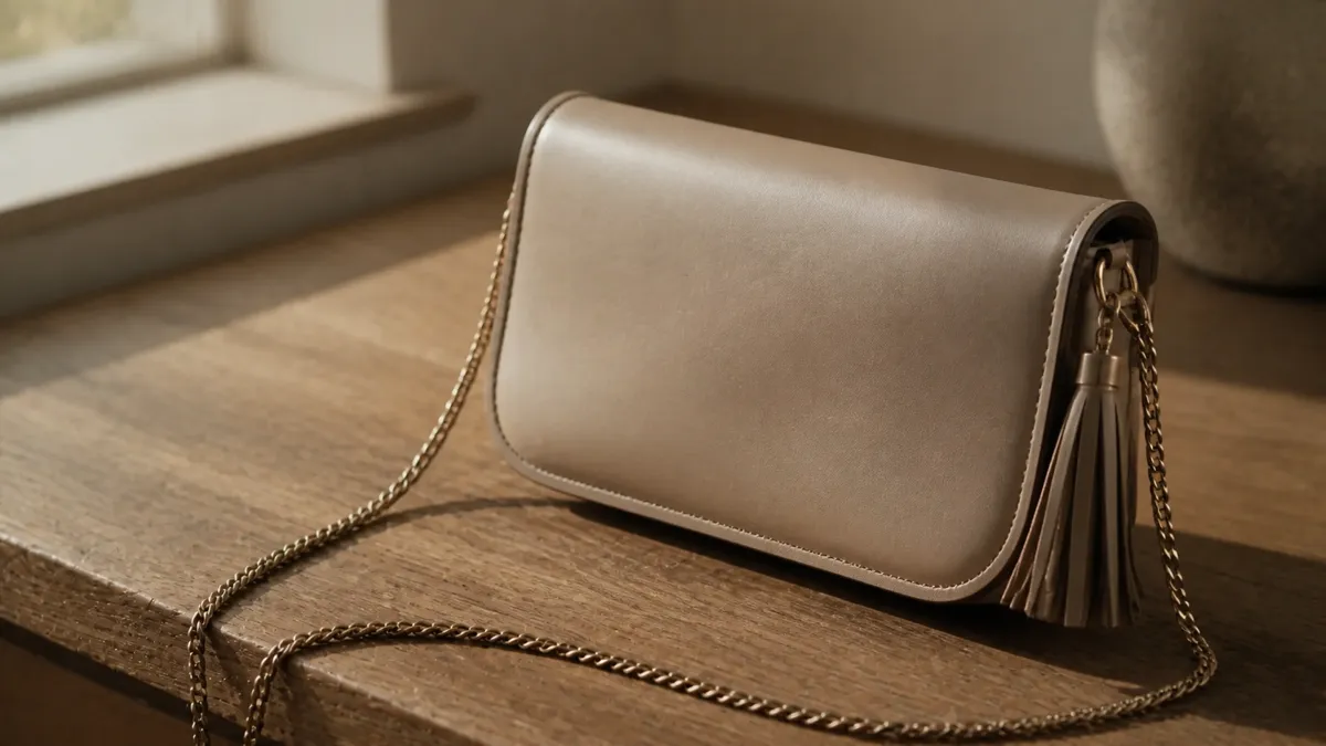 Close-up of a slim Saint Laurent-style smooth leather shoulder bag with a thin chain strap and tassel charm on a matte oak desk in warm natural daylight (AI generated illustration)