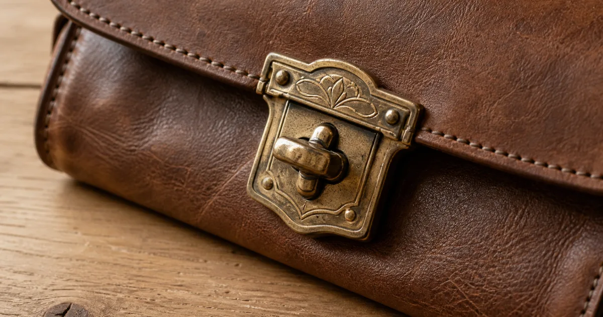 A close-up of the metal clasp and hardware on a vintage luxury bag, showing precise engraving, weighty solid brass construction, slightly worn but still rich finish on a matte oak desk in soft natural daylight (AI generated illustration)