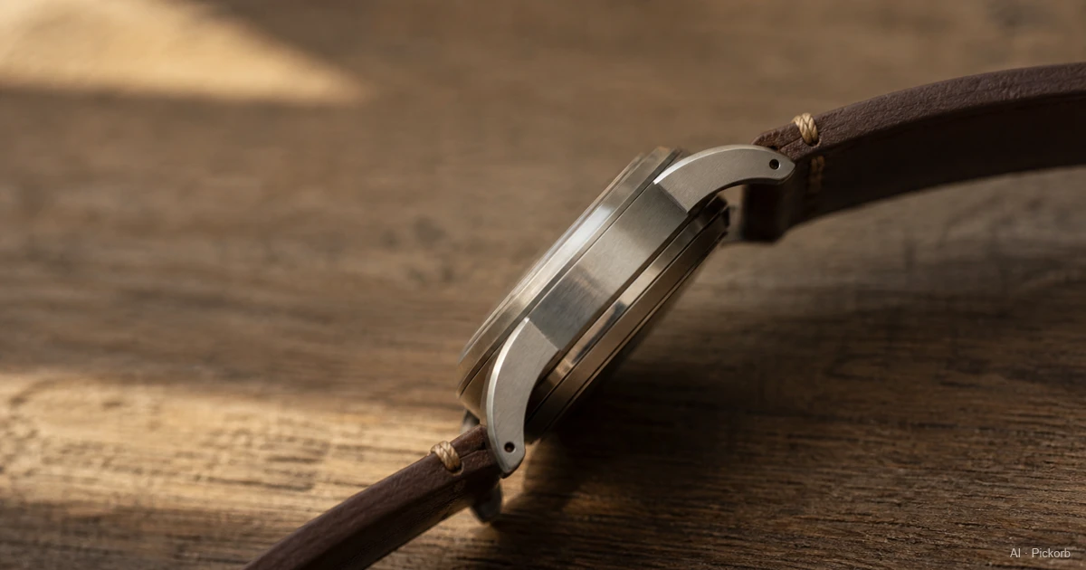A close-up of a single wristwatch from the side, showing the curved lugs that extend from the top and bottom of the case, with the strap running through them — emphasis on the vertical span from lug tip to lug tip (AI generated illustration)