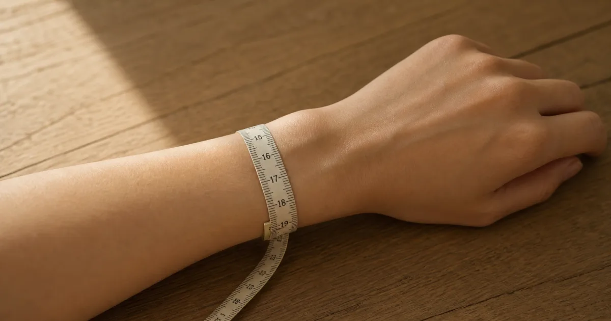 A wrist next to a flexible tailor's measuring tape on a matte oak desk in soft natural daylight, the tape wrapped once around the wrist showing a measurement near 17cm (AI generated illustration)